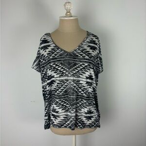INC International Concepts Cold Shoulder Top Black White Aztec Petite L